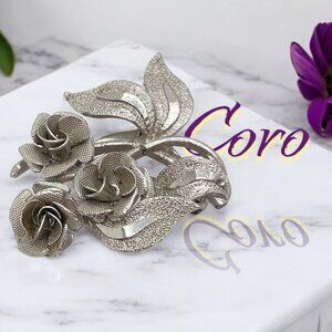 Vintage CORO Silver Tone Cabbage Roses with Leaves Brooch Pin Signed Designer